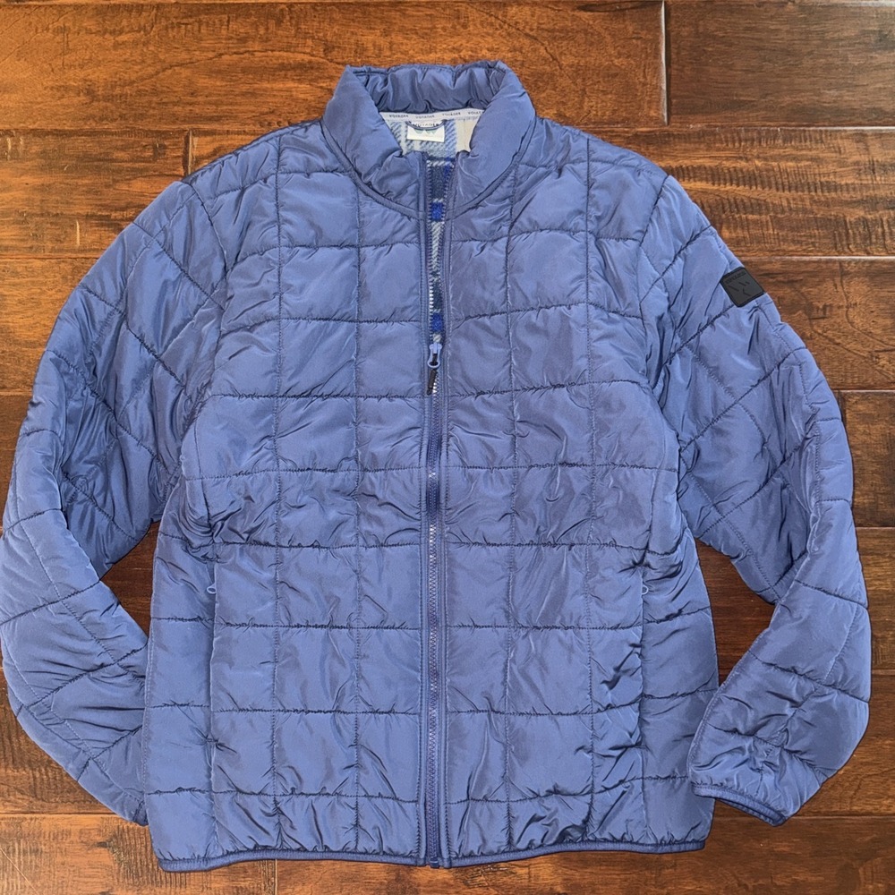 Voyager Quilted Blue Puffer Jacket Medium Soft Plaid Fleece Lined Full‎ Zip Coat